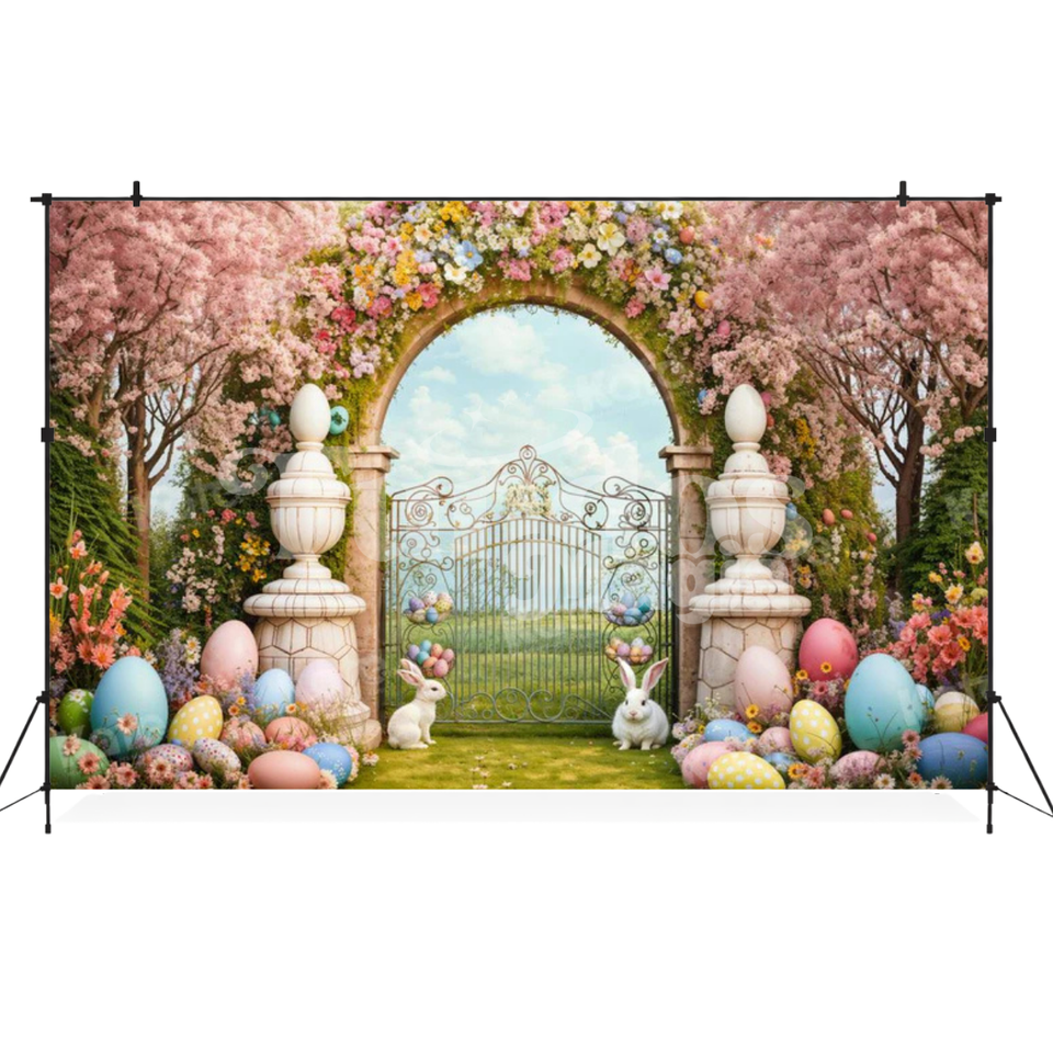 Fundo Fotográfico de Páscoa com Arco Floral e Coelhos