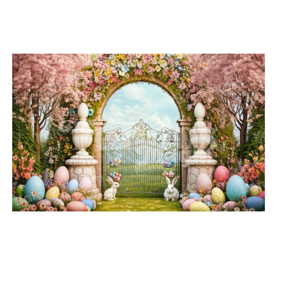 Fundo Fotográfico de Páscoa com Arco Floral e Coelhos