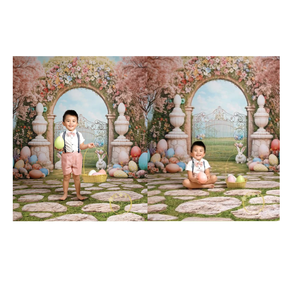 Fundo Fotográfico de Páscoa com Arco Floral e Coelhos