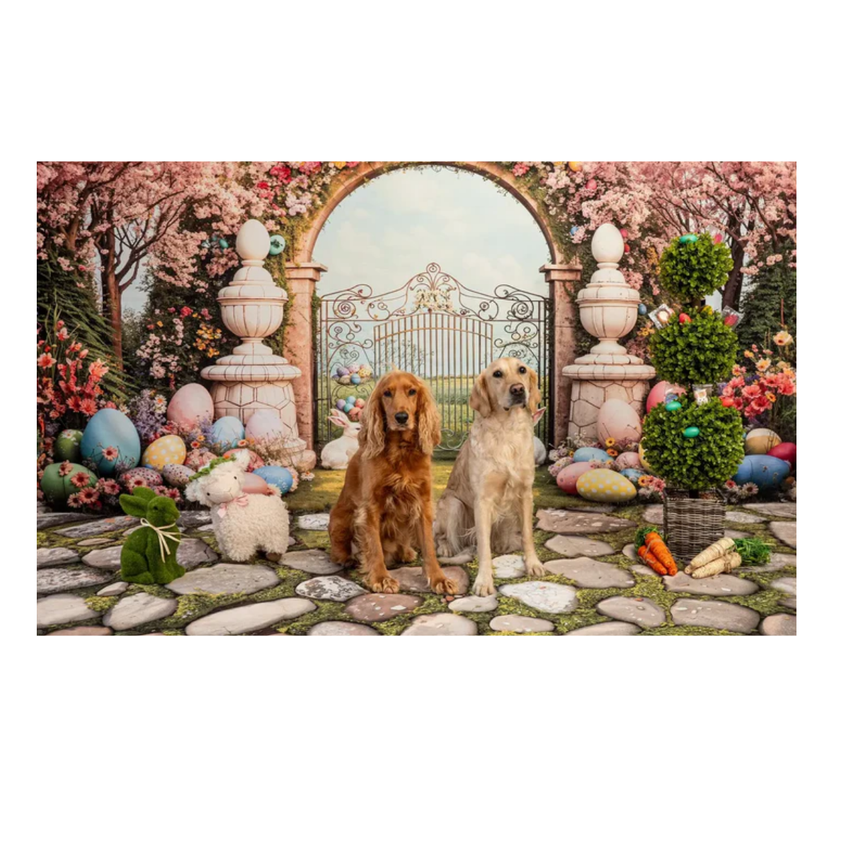 Fundo Fotográfico de Páscoa com Arco Floral e Coelhos