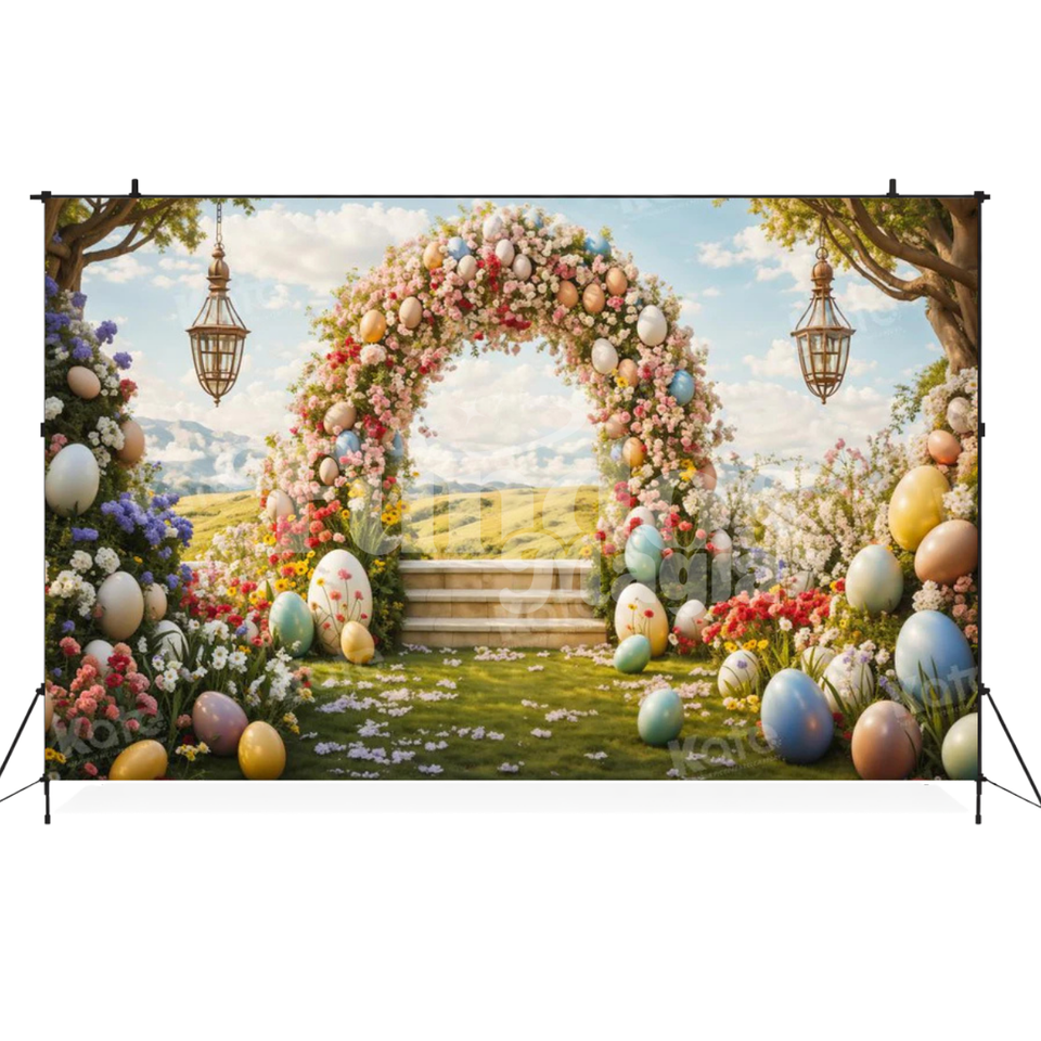 Fundo Fotográfico de Páscoa Cenário Lúdico com Ovos Decorados