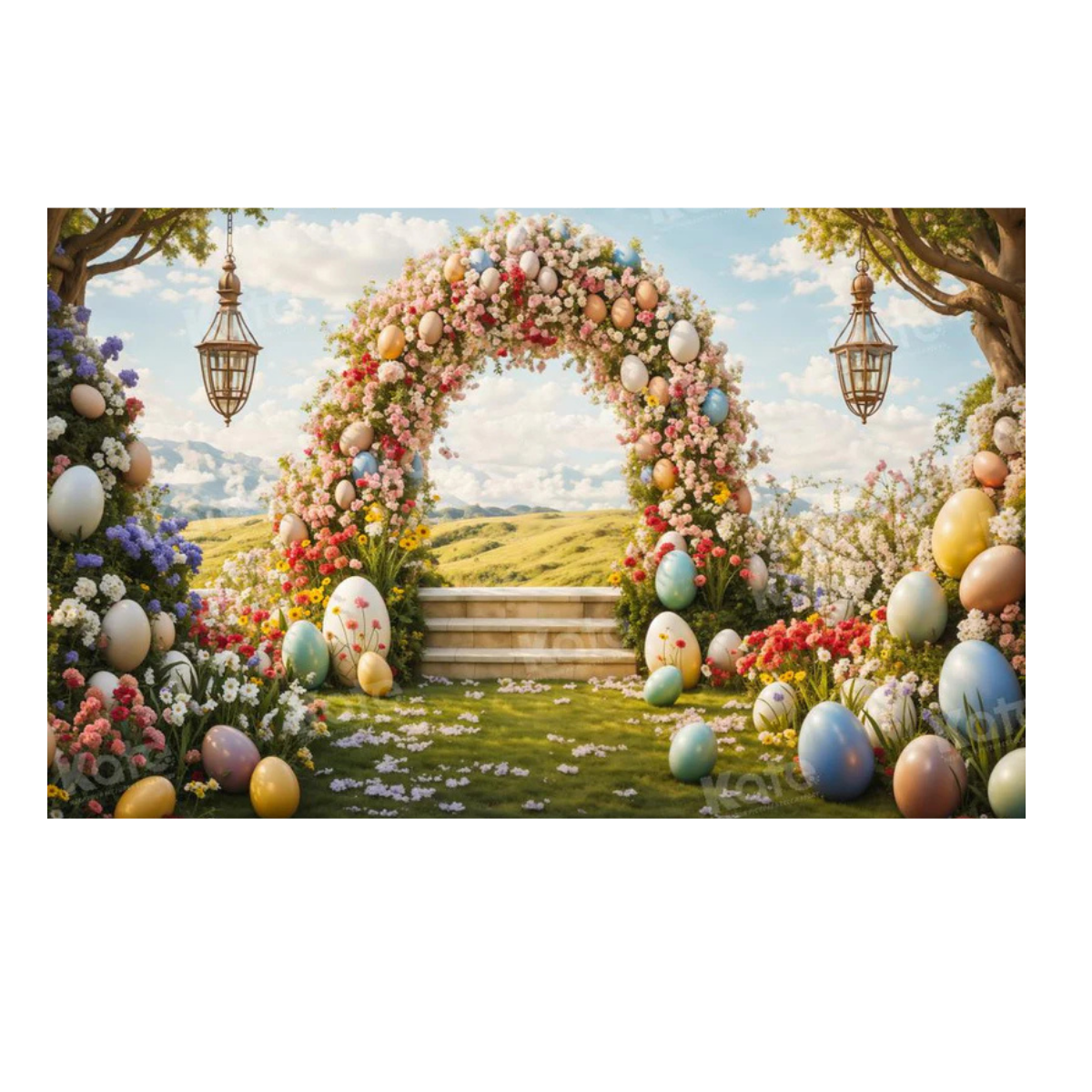 Fundo Fotográfico de Páscoa Cenário Lúdico com Ovos Decorados